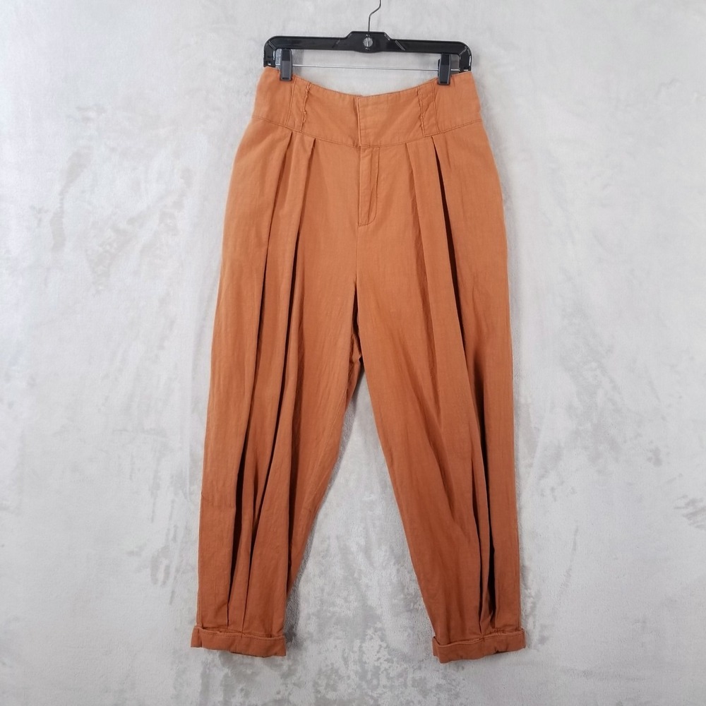 Free People Pants Womens 8 Burnt Orange Cotton Pleated Harem Baggy Tapered Boho